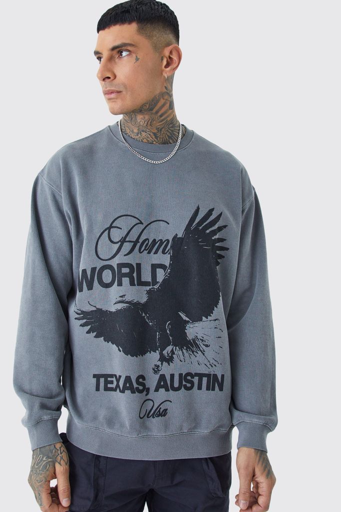 Men's Tall Oversized Overdyed Homme Bird Print Graphic Sweatshirt - Grey - L, Grey
