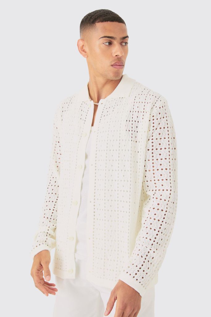Men's Oversized Long Sleeve Crochet Shirt - White - S, White