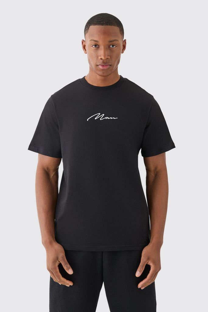 Men's Man Signature Embroidered T-Shirt - Black - S, Black