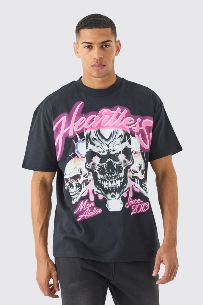 Men's Oversized Skull Heartless Graphic Heavyweight T-Shirt - Black - S, Black