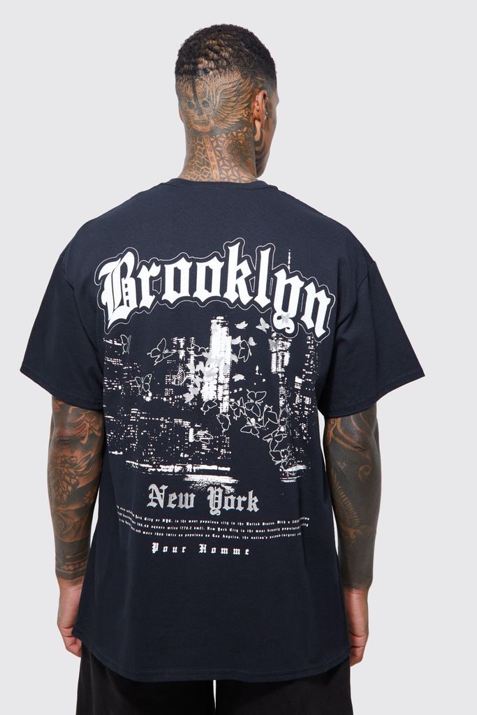Men's Oversized Reflective City Back Graphic T-Shirt - Black - L, Black