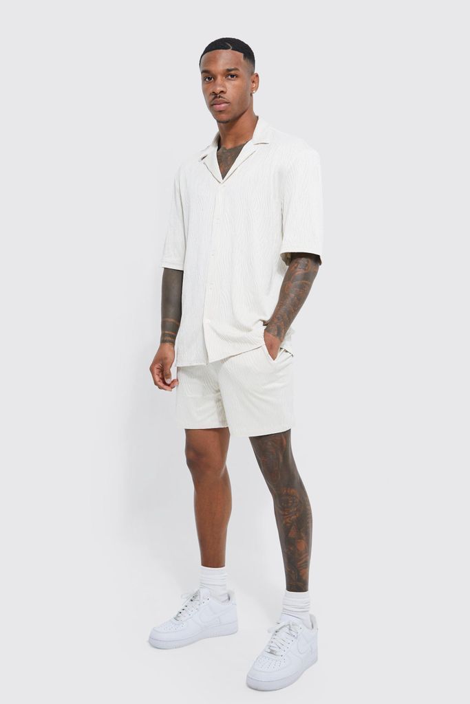 Men's Swirled Jersey Textured Short Sleeve Shirt And Short - Cream - L, Cream