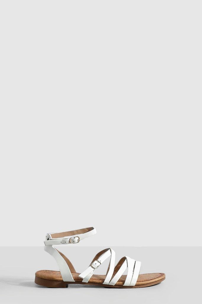 Womens Buckle Detail Flat Sandals - White - 4, White