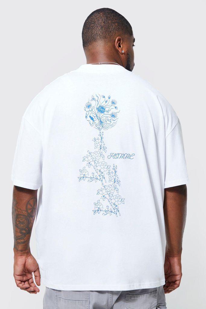 Men's Plus Oversized Extended Neck Floral T-Shirt - White - Xxxxl, White