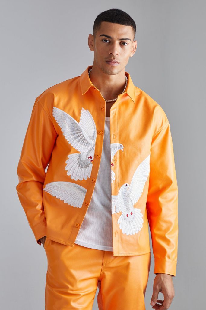 Men's Pu Long Sleeve Boxy Embroidered Overshirt - Orange - Xl, Orange