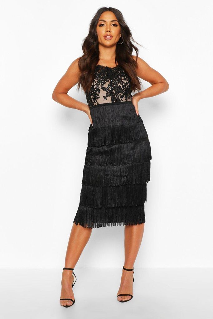 Womens Sequin Lace Tassel Detail Midi Party Dress - Black - 10, Black