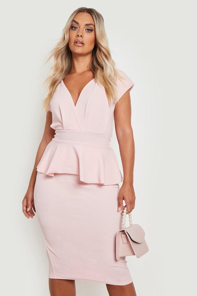 Womens Plus Peplum Plunge Midi Dress - Pink - 28, Pink