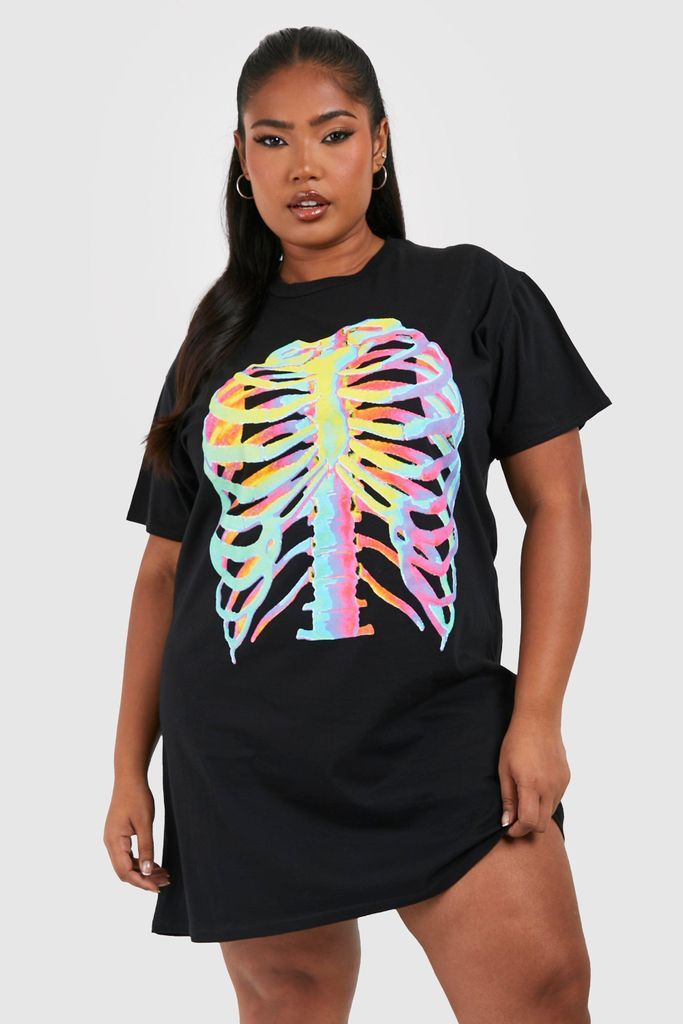 Womens Plus Halloween Skeleton T-Shirt Dress - Black - 18, Black