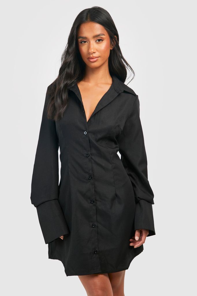 Womens Petite Cinched Waist Shirt Dress - Black - 6, Black