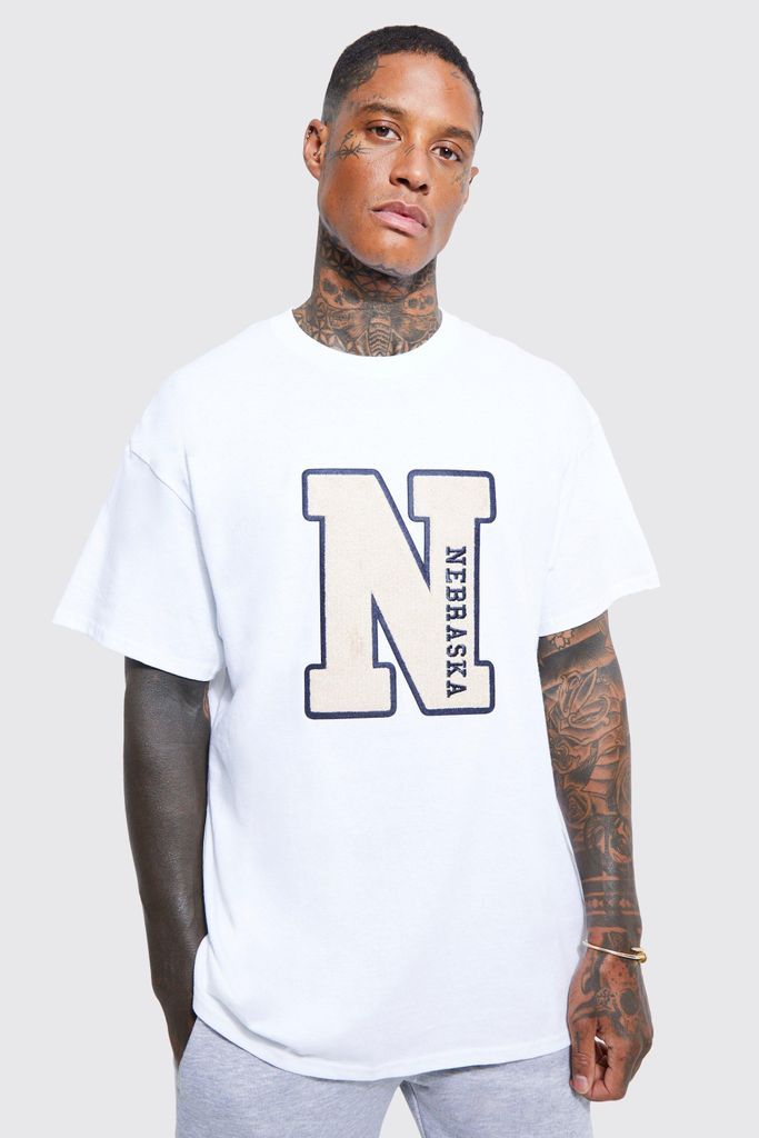 Men's Oversized Nebraska Varsity Applique T-Shirt - White - Xs, White