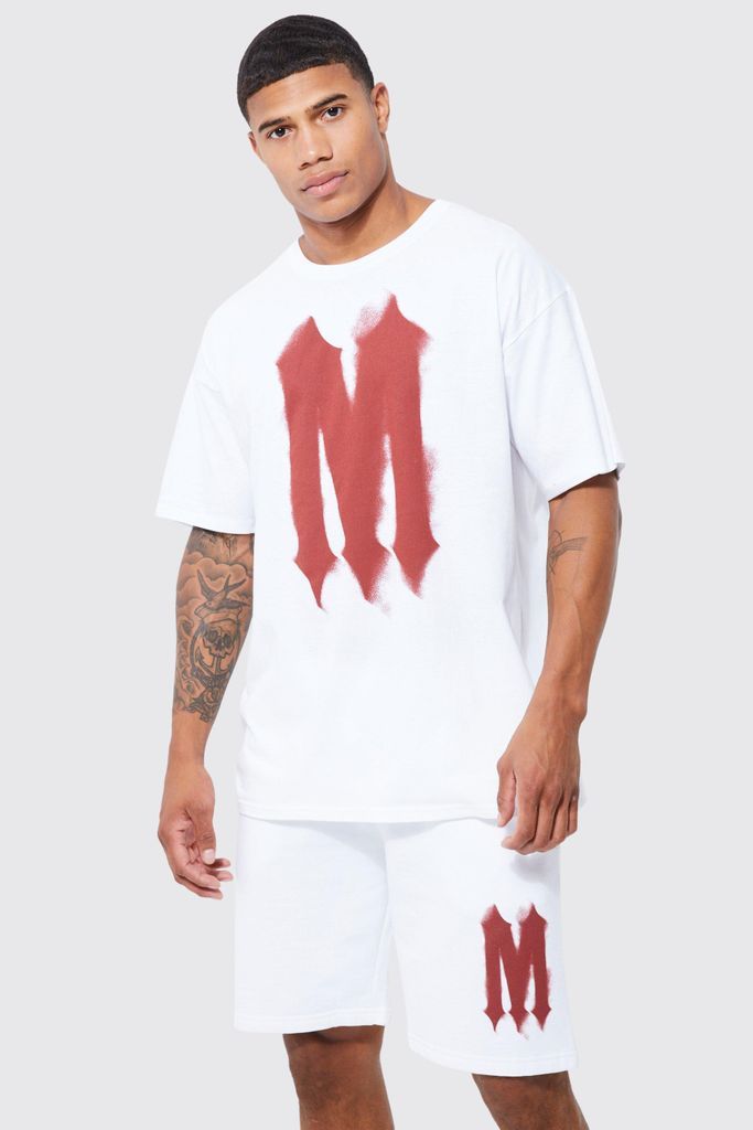 Men's Oversized Graffiti T-Shirt & Short Set - White - M, White