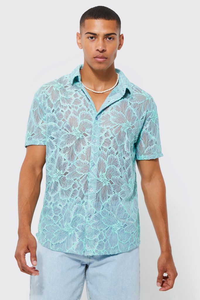 Men's Short Sleeve Lace Contrast Floral Shirt - Blue - M, Blue