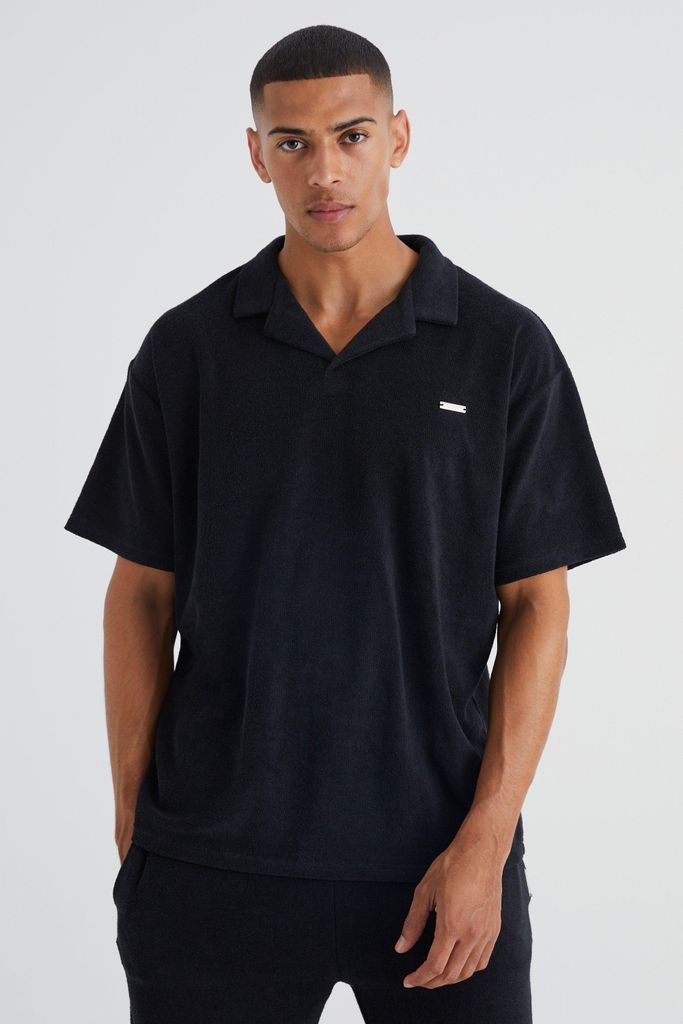 Men's Oversized Premium Revere Collar Towelling Polo - Black - L, Black