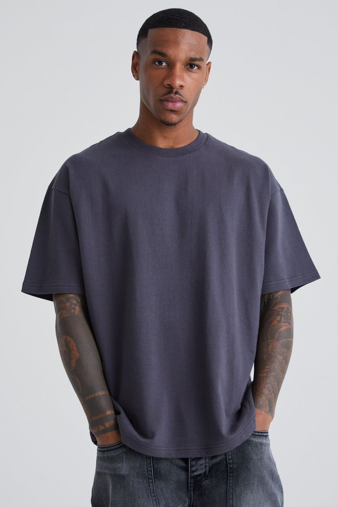 Men's Oversized Slub Textured T-Shirt - Grey - L, Grey