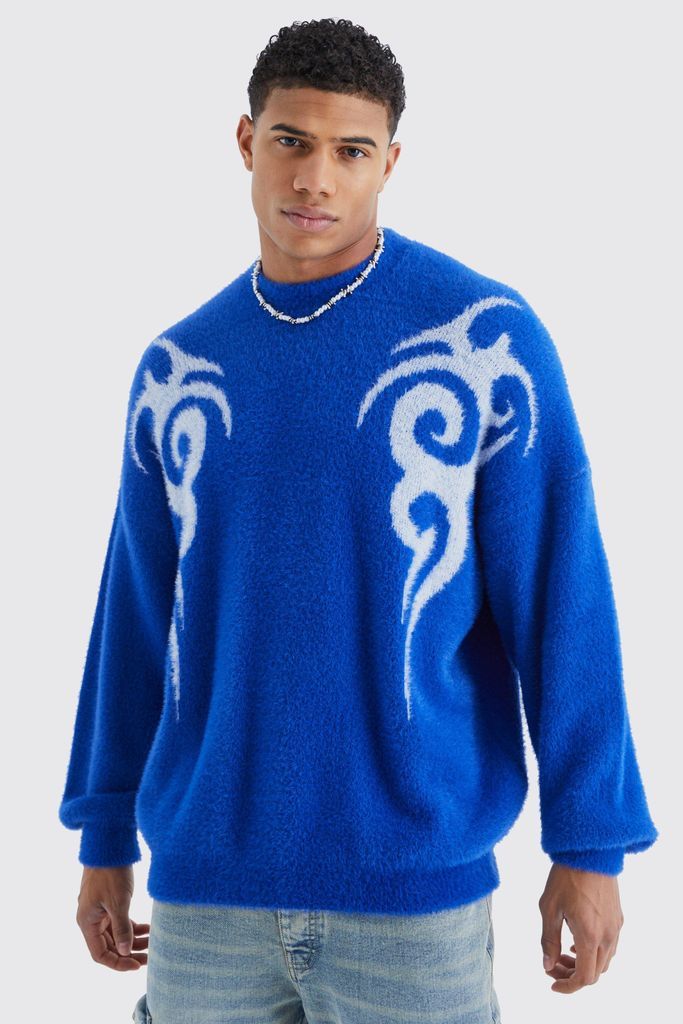 Men's Oversized Fluffy Graphic Knitted Jumper - Blue - L, Blue