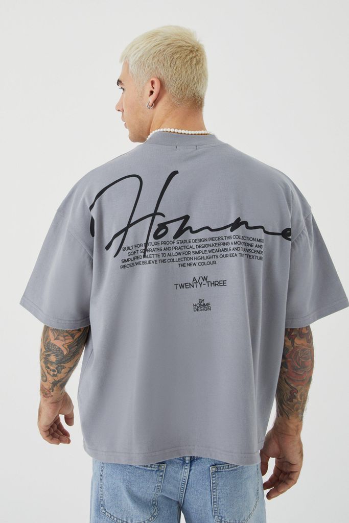 Men's Oversized Boxy Heavyweight Peached Embroidered T-Shirt - Grey - M, Grey