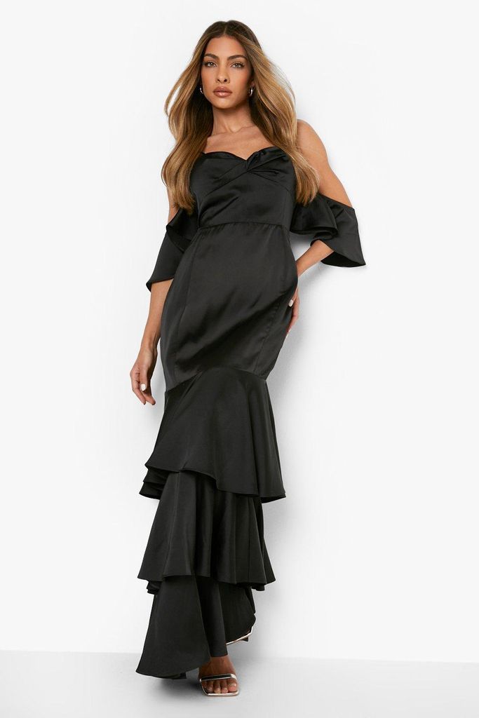 Womens Satin Cold Shoulder Ruffle Hem Maxi Dress - Black - 8, Black