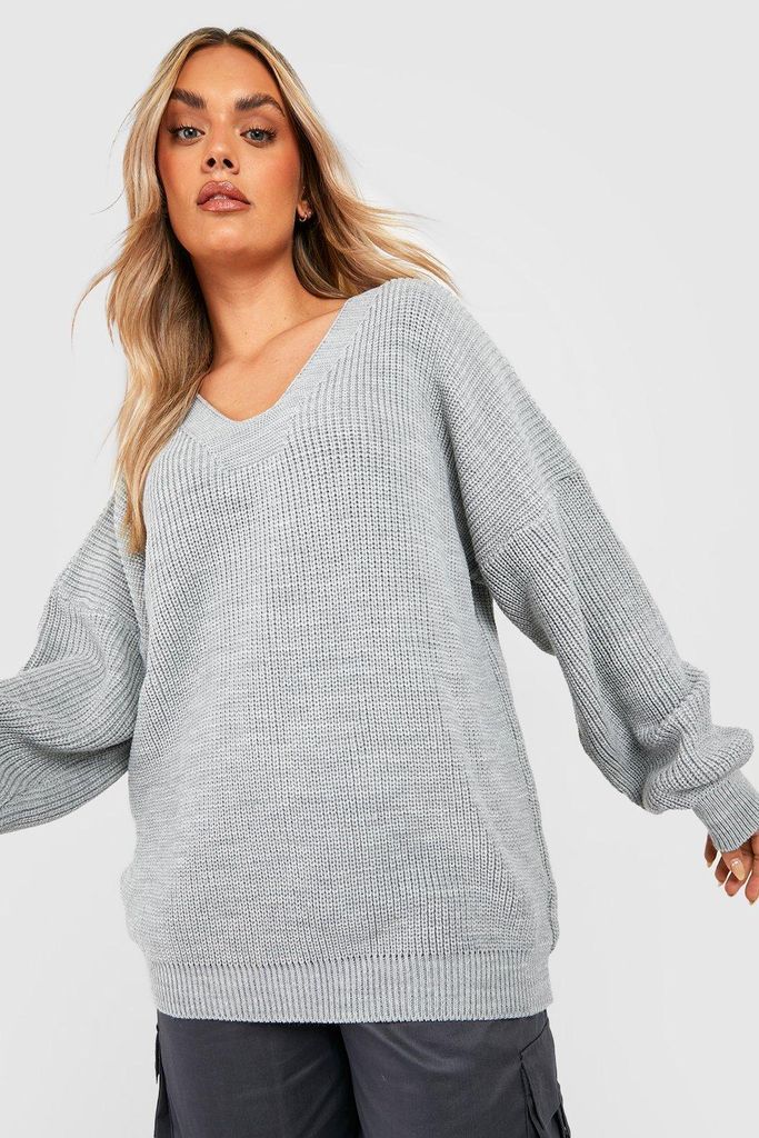 Womens Plus Knitted V Neck Jumper - Grey - 16, Grey