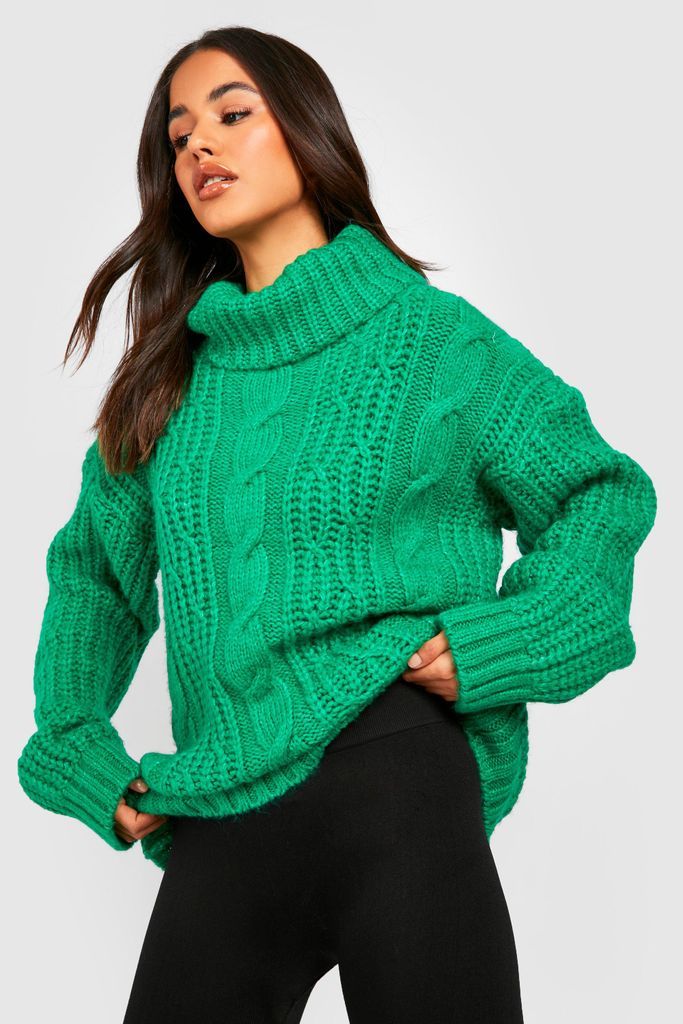 Womens Roll Neck Cable Knitted Jumper - Green - M/L, Green