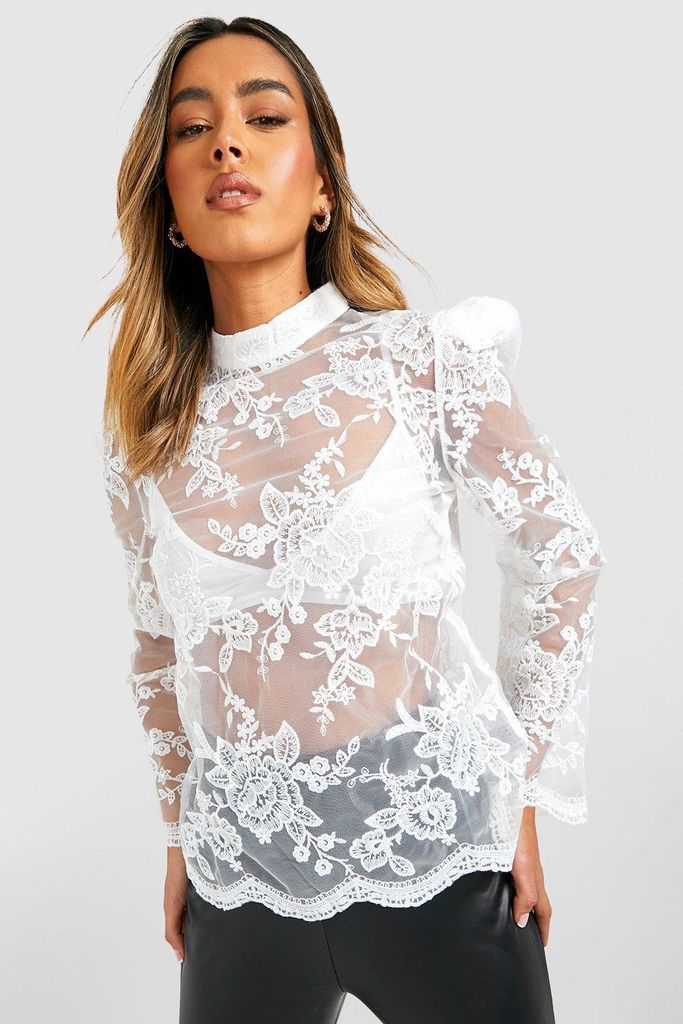 Womens Organza Lace Long Sleeve Top - White - 10, White
