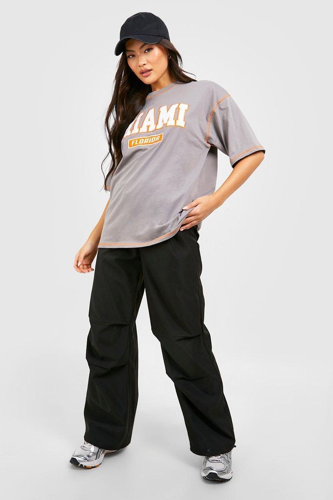 Womens Contrast Seam Applique Oversized T-Shirt - Grey - L, Grey