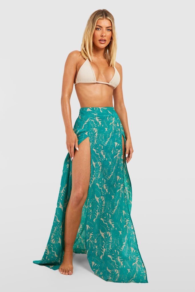Womens Tropical Crinkle Split Sides Beach Maxi Skirt - Green - L, Green