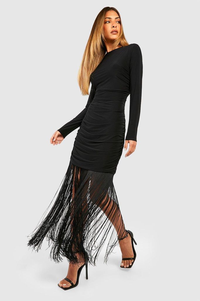 Womens Double Slinky Rouched Tassel Mini Dress - Black - 10, Black