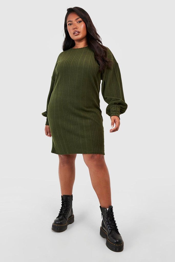 Womens Plus Soft Rib Balloon Sleeve Mini Dress - Green - 18, Green