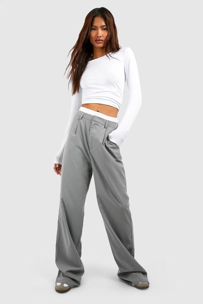 Womens Tall Reverse Asymmetric Waistband Wide Leg Trousers - Grey - 8, Grey