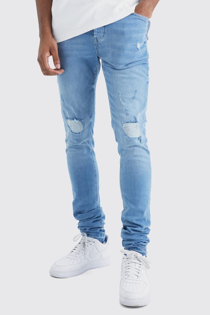 Men's Tall Skinny Stacked Distressed Ripped Let Down Hem Jean - Blue - 32, Blue