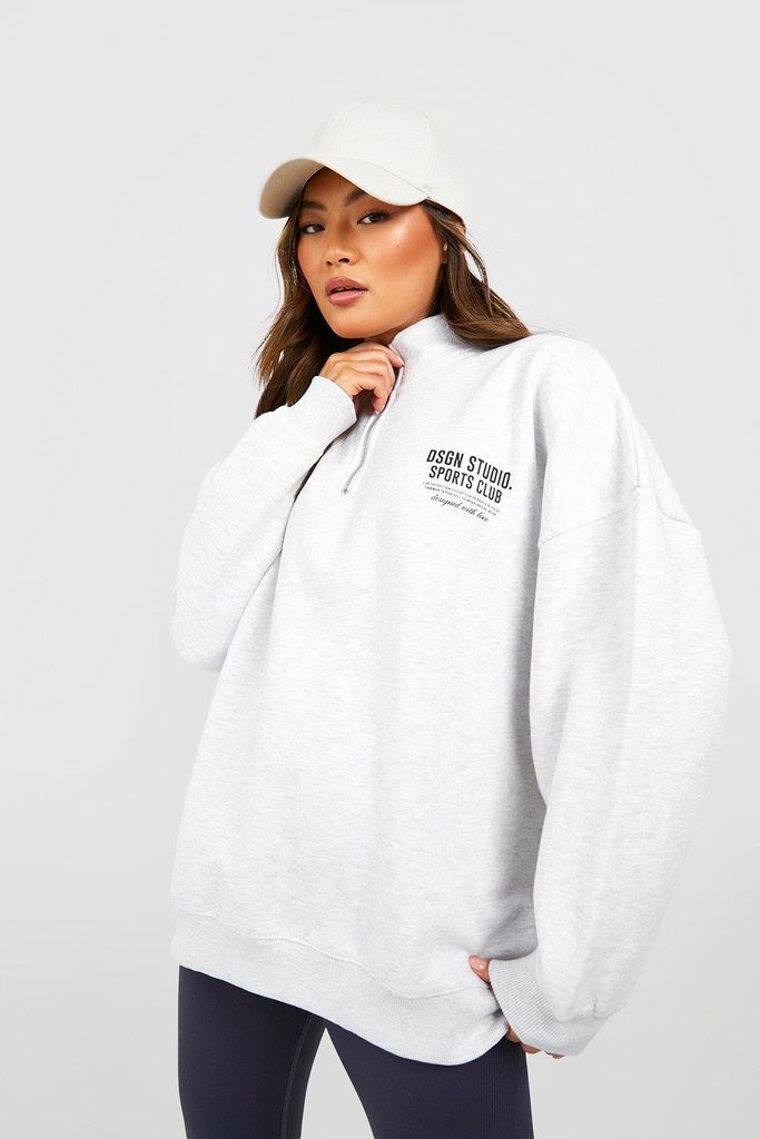 Womens Sports Club Slogan Oversized Half Zip Sweatshirt - Grey - L, Grey