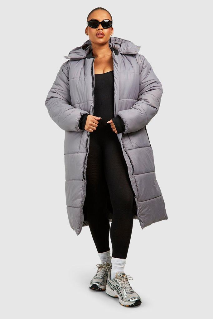Womens Plus Longline Rib Collar Puffer Jacket - Beige - 22, Beige