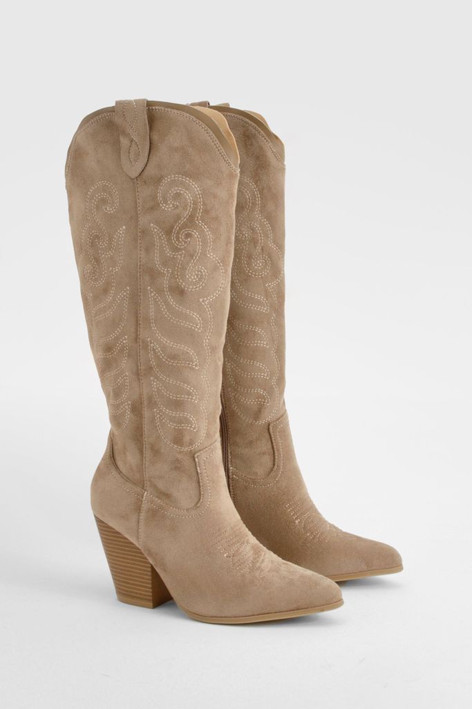 Womens Embroidered Knee High Western Cowboy Boots - Beige - 3, Beige