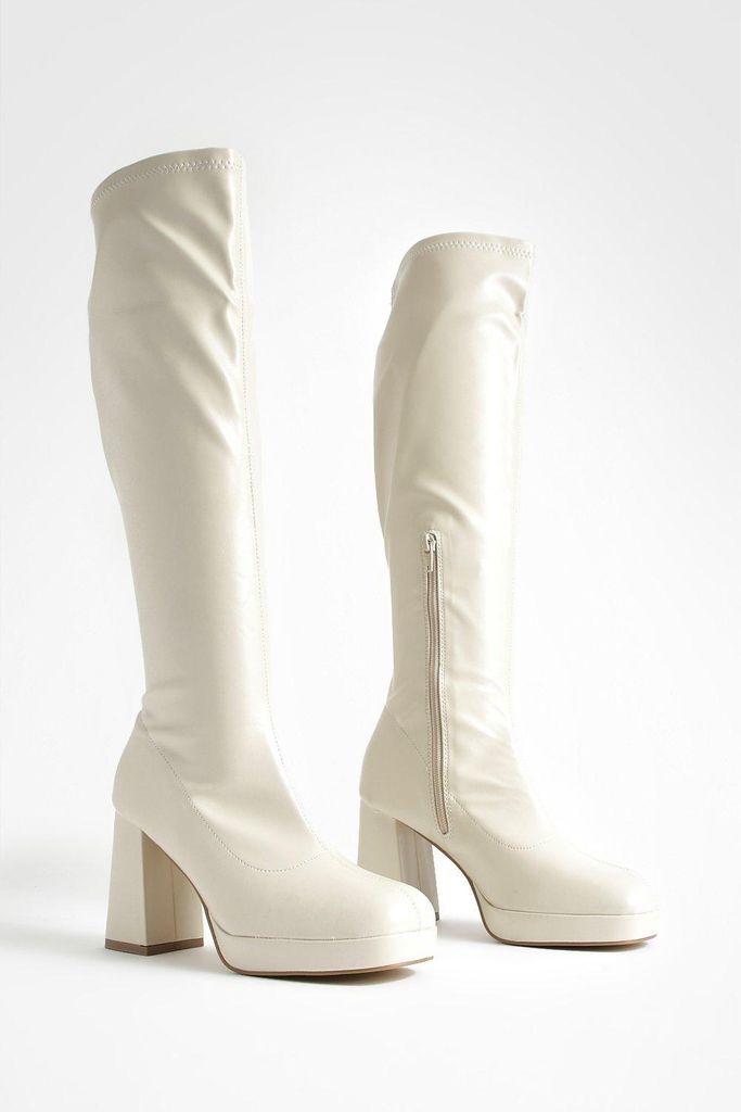 Womens Platform Stretch Knee High Boots - White - 8, White