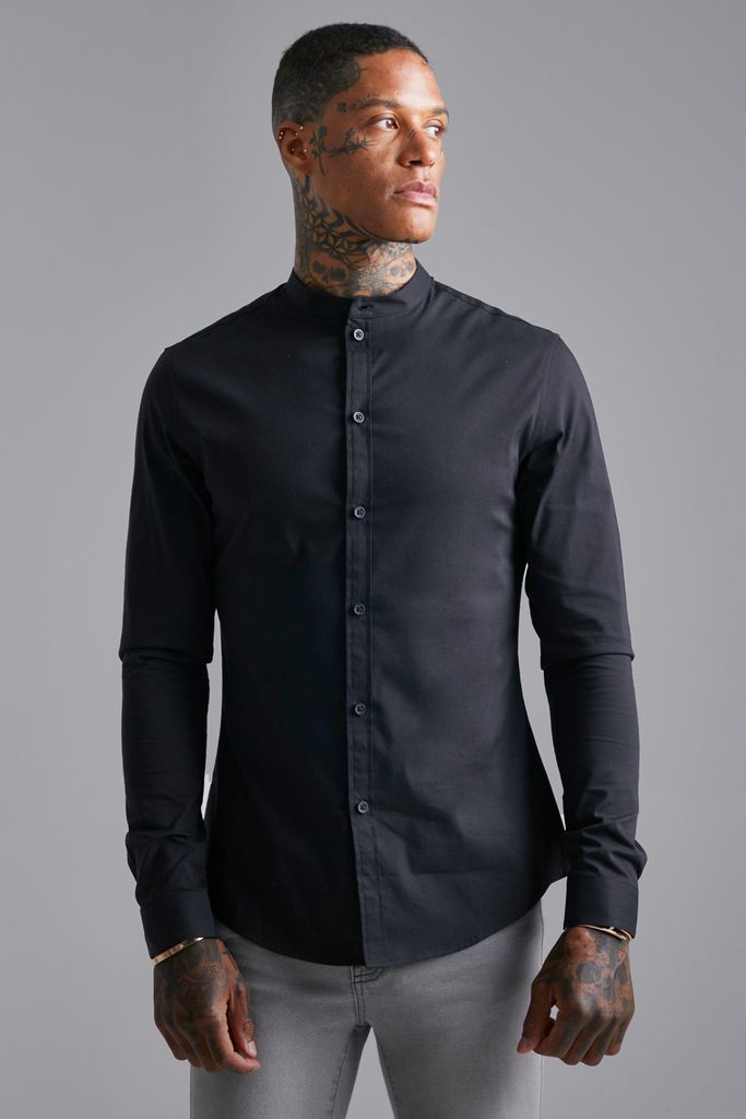 Men's Long Sleeve Grandad Muscle Shirt - Black - M, Black