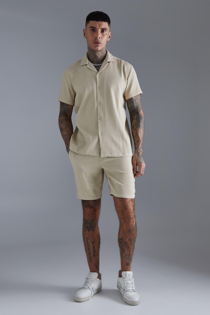 Men's Pleated Short Sleeve Oversized Shirt And Short Set - Beige - L, Beige