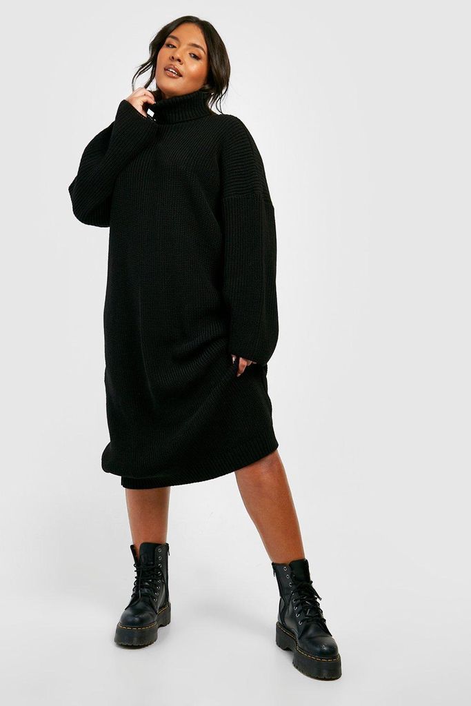 Womens Plus Knitted Roll Neck Midi Jumper Dress - Black - 26, Black