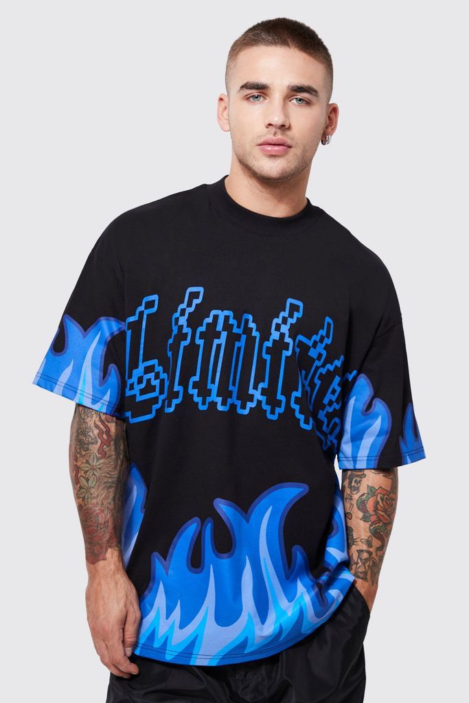Men's Oversized Flames Graphic T-Shirt - Black - Xs, Black