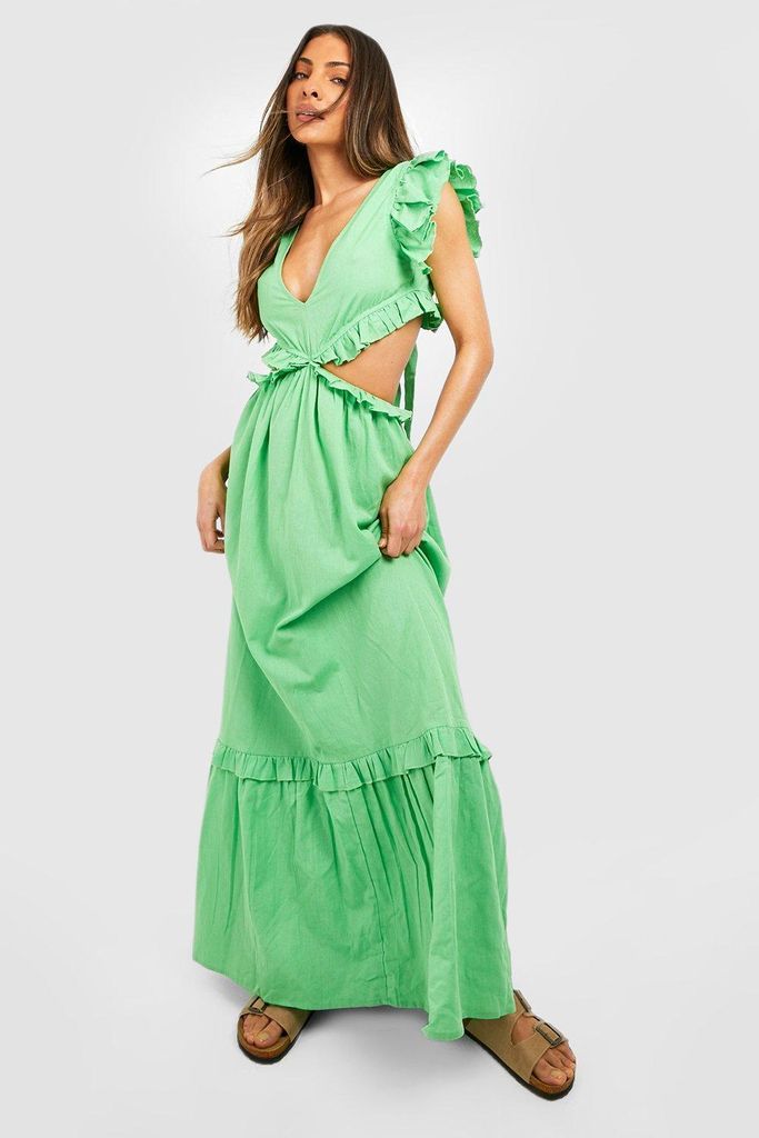 Womens Linen Ruffle Cut Out Maxi Dress - Green - 14, Green