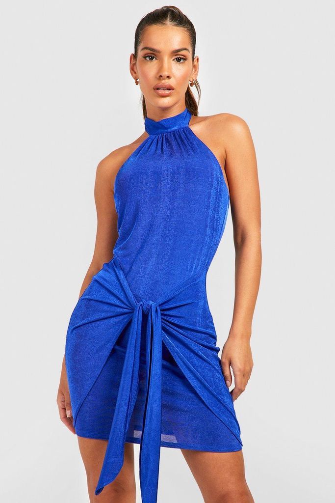 Womens Textured Slinky Halter Draped Mini Dress - Blue - 12, Blue