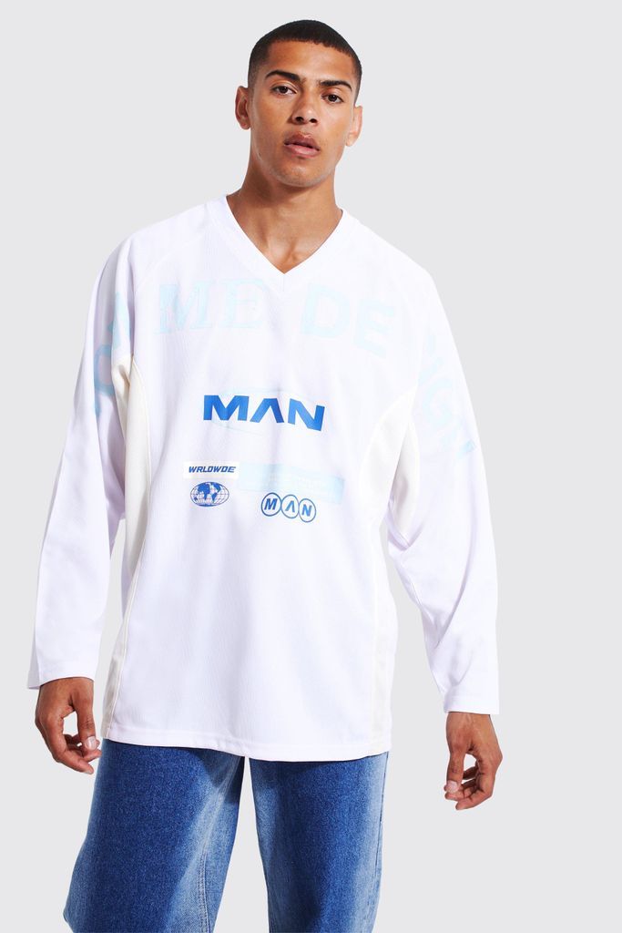 Men's Man V-Neck Raglan Mesh Long Sleeve T-Shirt - White - Xs, White