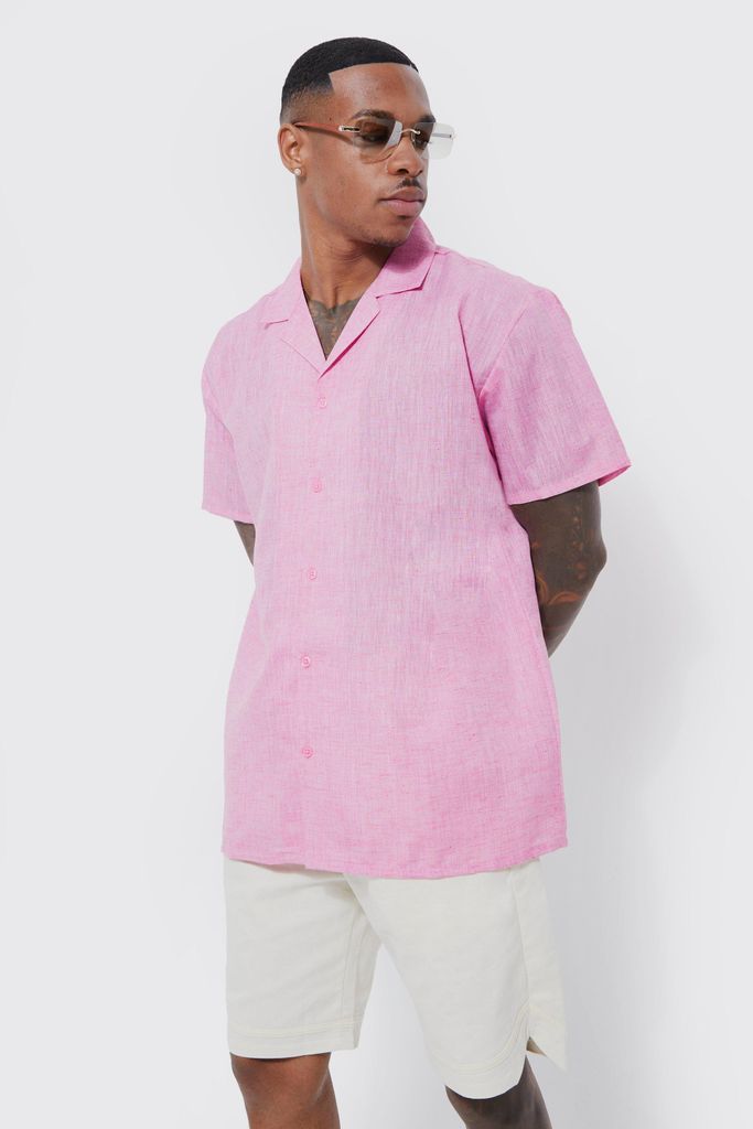 Men's Short Sleeve Oversized Linen Look Shirt - Pink - M, Pink