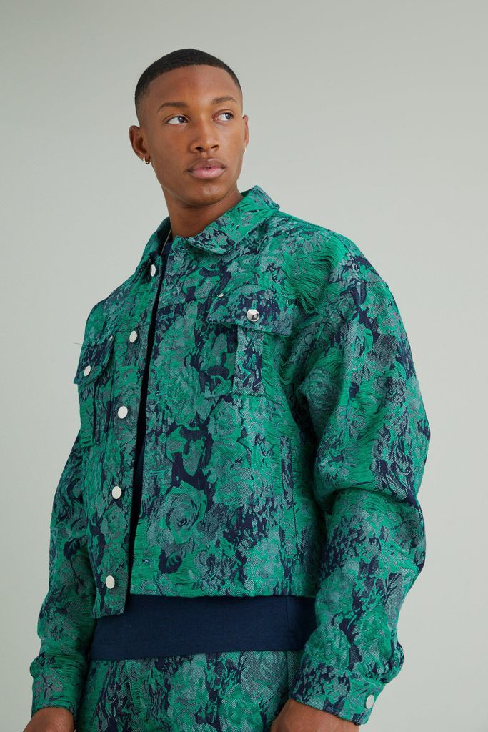 Men's Boxy Distressed Tapestry Denim Jacket - Green - L, Green