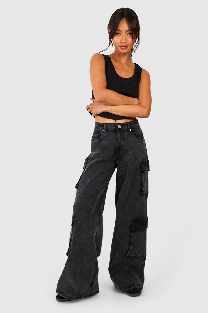Womens Loose Fit Acid Wash Cargo Jeans - Grey - 8, Grey