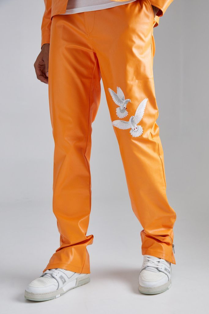Men's Pu Stacked Straight Leg Zip Gusset Embroidered Trouser - Orange - Xl, Orange