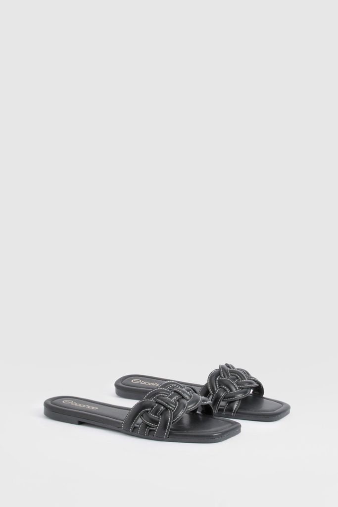 Womens Contrast Stitch Loop Detail Mule Sandals - Black - 3, Black