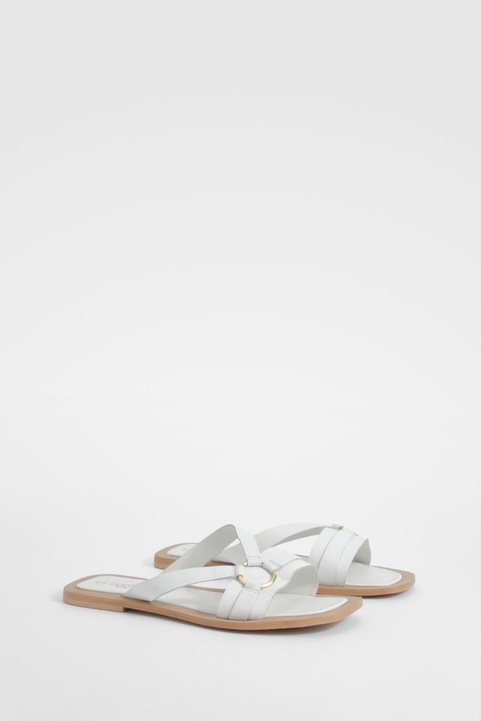 Womens Wide Fit Leather Ring Mules - White - 3, White