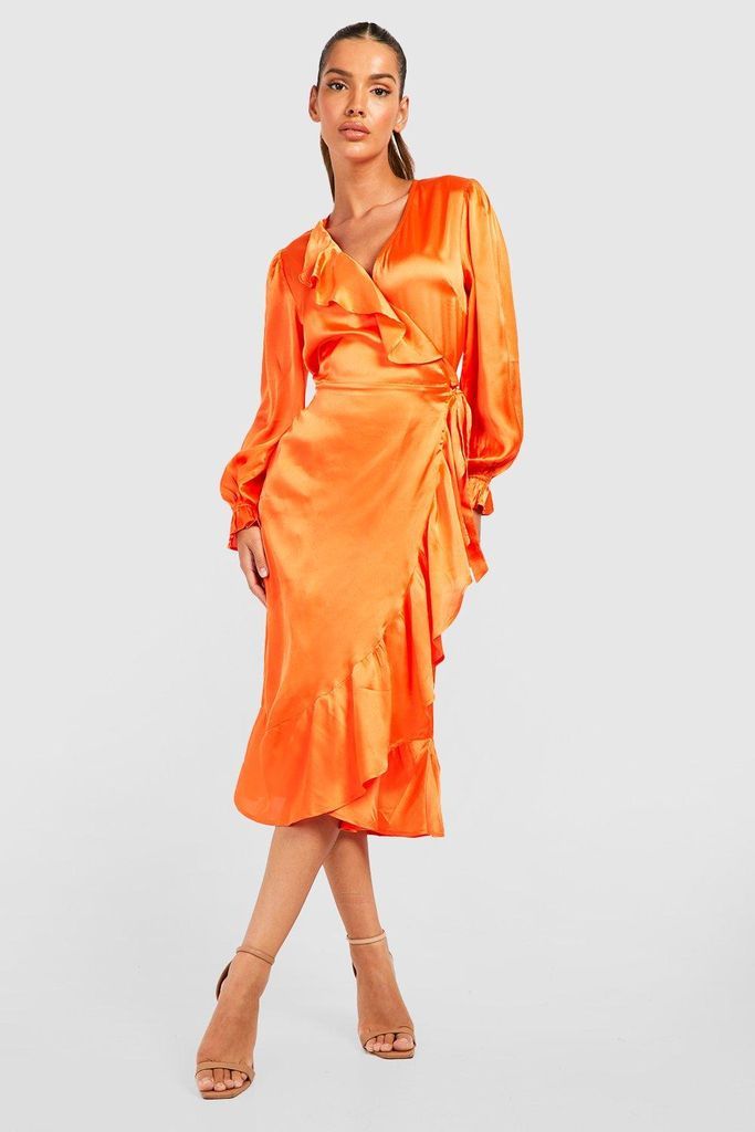 Womens Satin Ruffle Wrap Skater Midi Dress - Orange - 10, Orange
