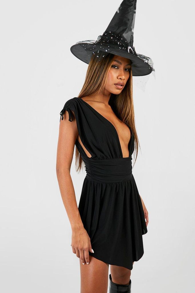 Womens Plunge Ruched Slinky Mini Dress - Black - 8, Black