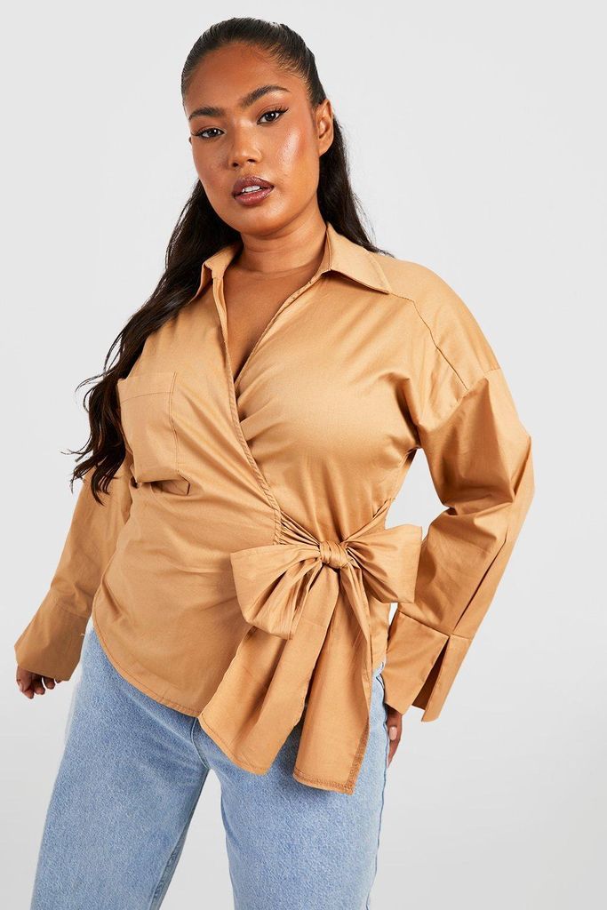 Womens Plus Wrap Detail Cotton Shirt - Brown - 22, Brown